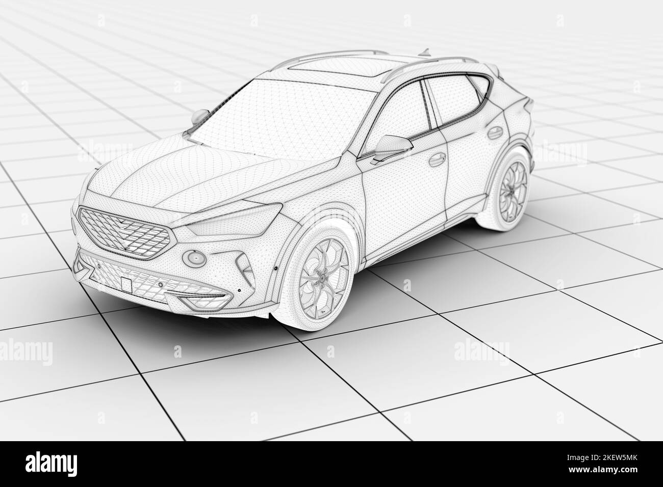 Auto generica wireframe senza marchio su una piattaforma metallica: Illustrazione 3D Foto Stock