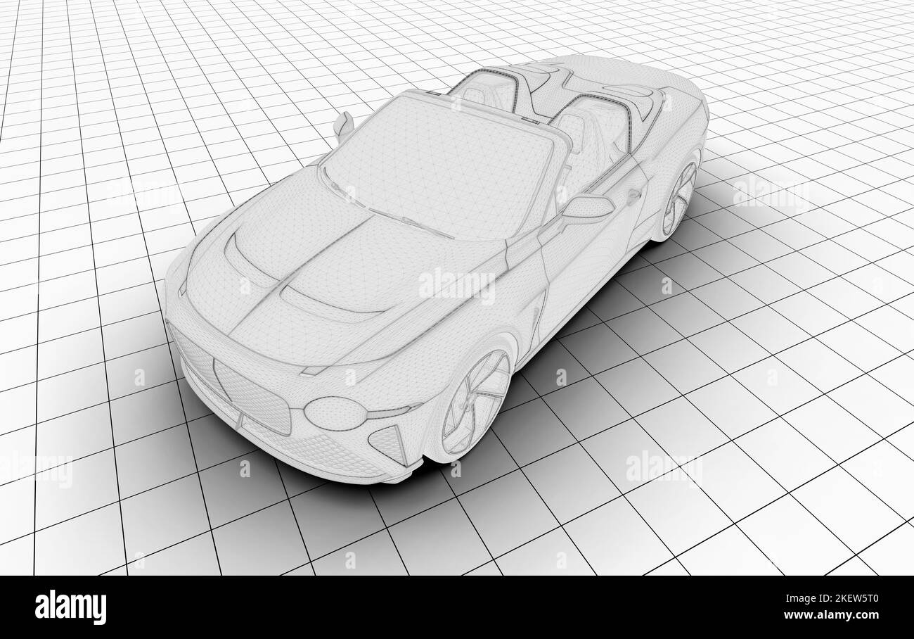 Wireframe unbranded generico auto sportiva su una piattaforma di filo: 3D illustrazione Foto Stock
