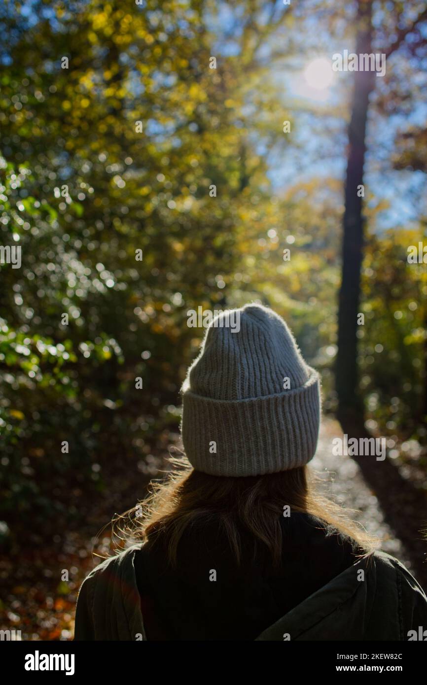 vista sul retro di una giovane donna che indossa un leggero berretto lavorato a maglia che cammina su un sentiero nella foresta alla luce del sole Foto Stock