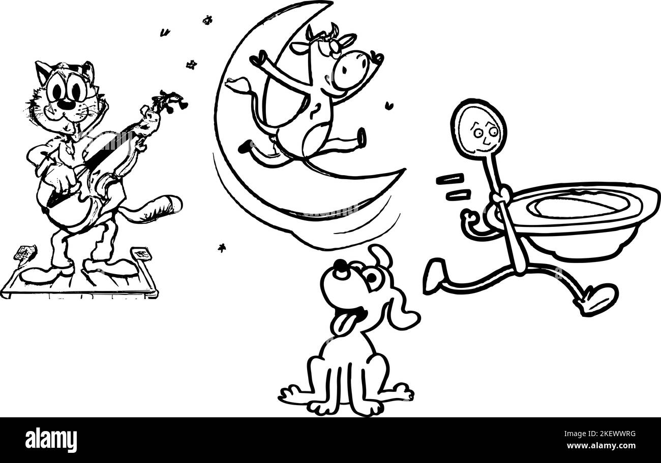 Gatto con un fiddle, mucca saltata sopra la Luna, il piccolo cane rise, piatto scappato con il cucchiaio. Disegno cartoon in bianco e nero. Illustrazione Vettoriale