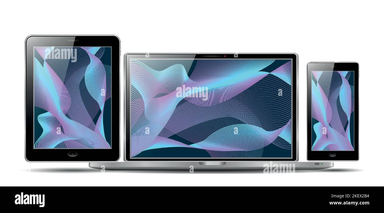 set di smartphone, tablet e notebook con screen saver vuoto isolato su sfondo bianco. dispositivi realistici e dettagliati mockup. vettore stock Illustrazione Vettoriale