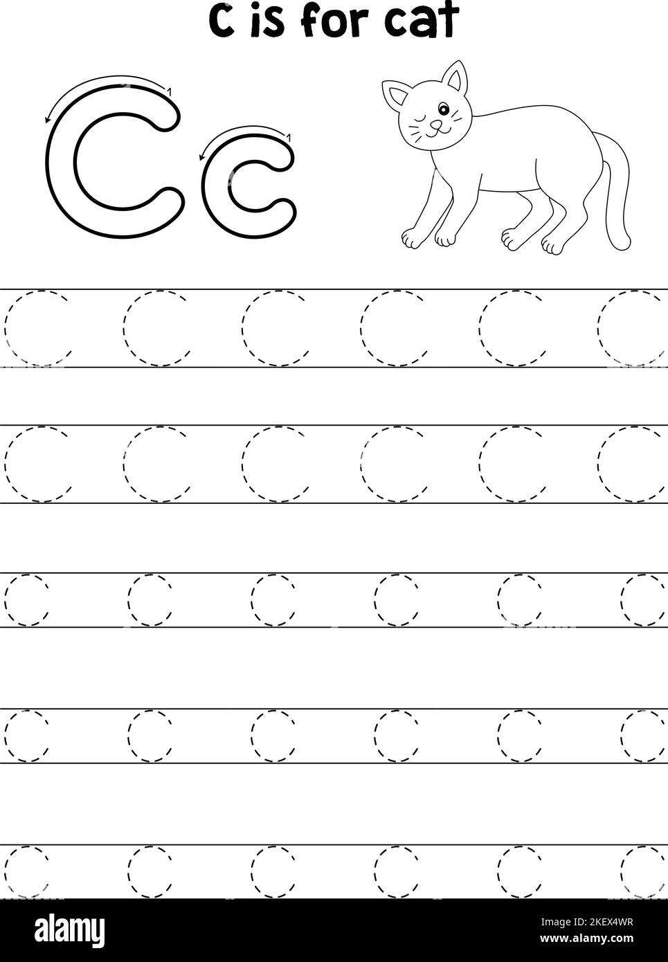 Cat Animal Tracing Letter ABC Coloring pagina C Illustrazione Vettoriale