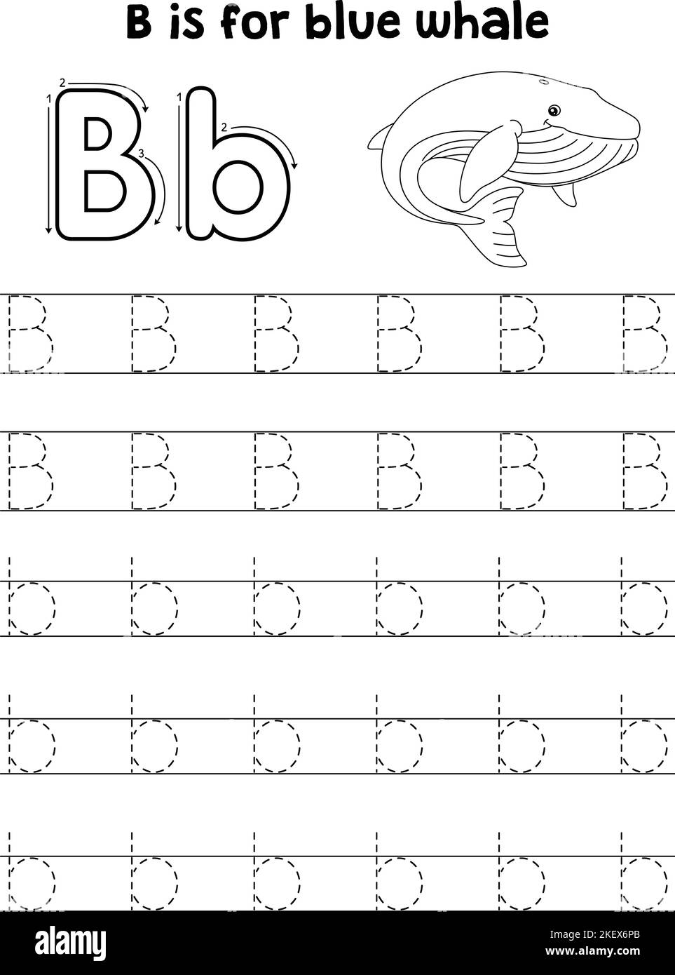 Lettera ABC di tracciamento animale balena blu colorazione B Illustrazione Vettoriale