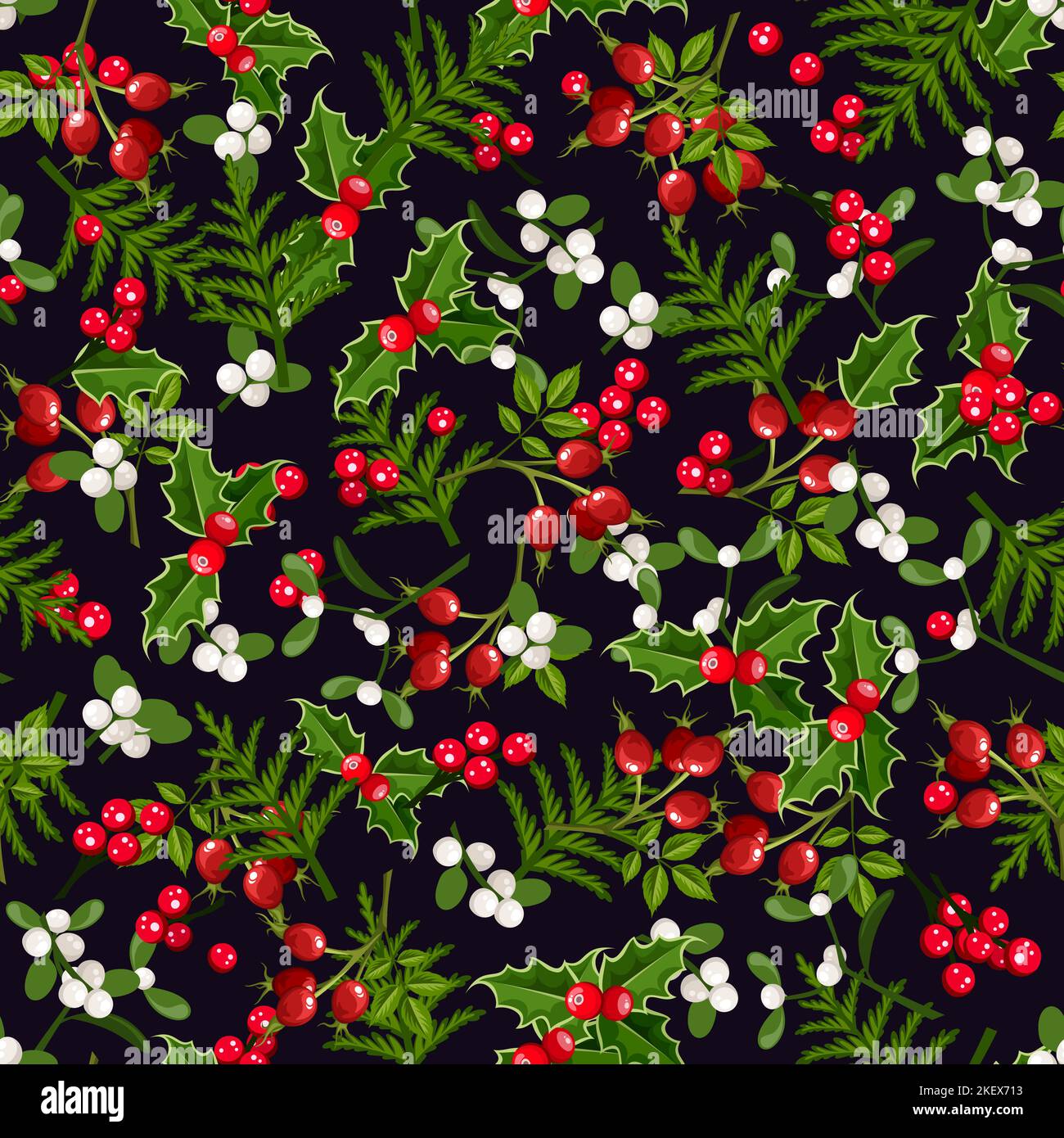 Motivo floreale natalizio senza cuciture con holly, vischio, rosa e rami di abete su sfondo nero. Illustrazione vettoriale Illustrazione Vettoriale