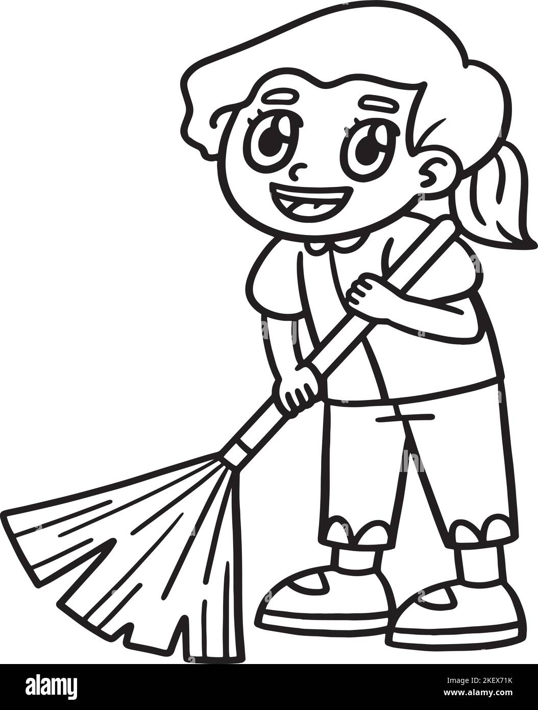 Earth Day Girl spazzante isolato da colorare pagina Illustrazione Vettoriale