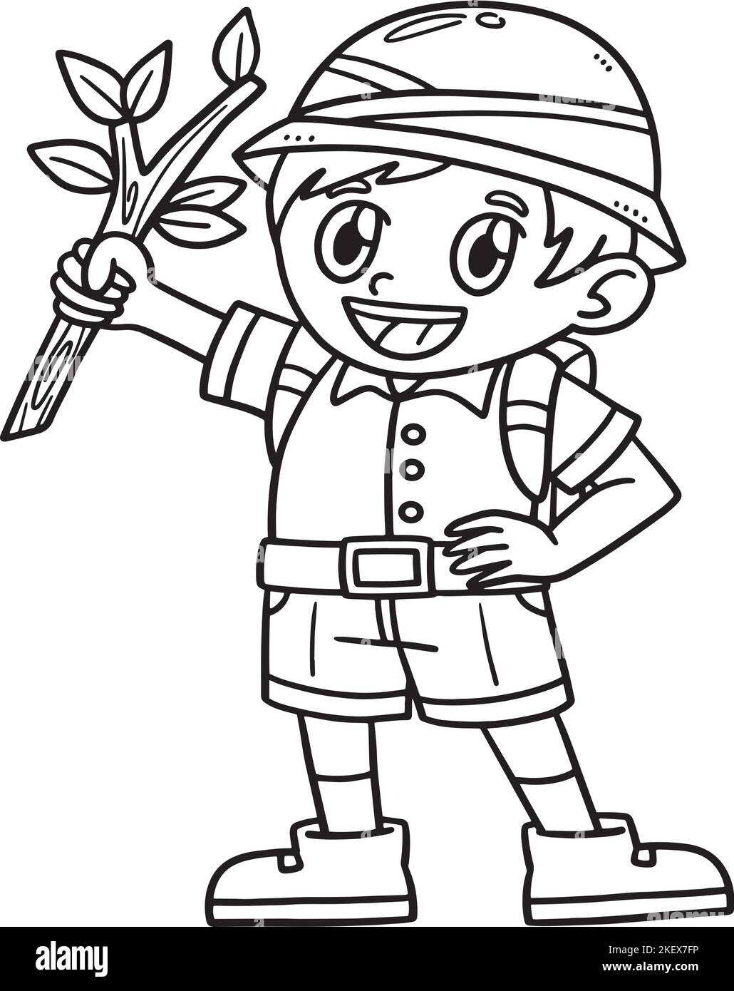 Earth Day Boy in Forest isolato colorazione pagina Illustrazione Vettoriale