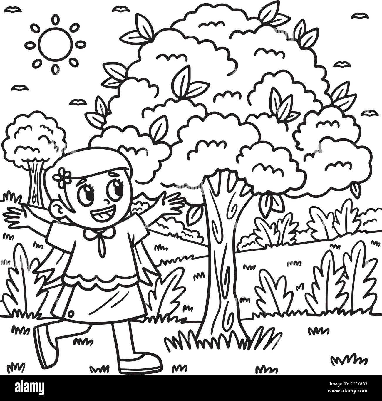 Giorno della Terra ragazza felice in una pagina da colorare albero Illustrazione Vettoriale