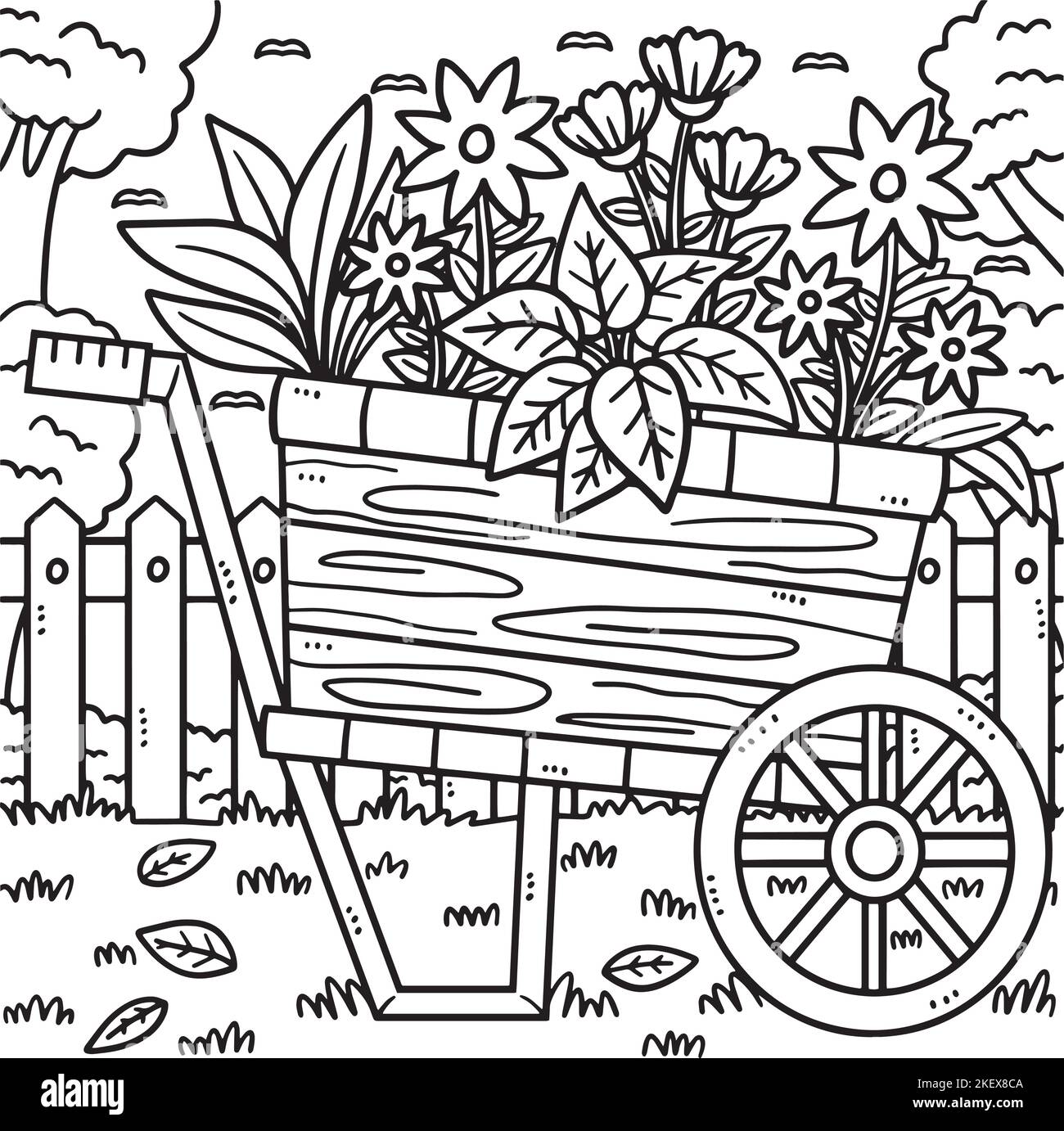 Earth Day piante in Wheelbarrow colorazione pagina Illustrazione Vettoriale