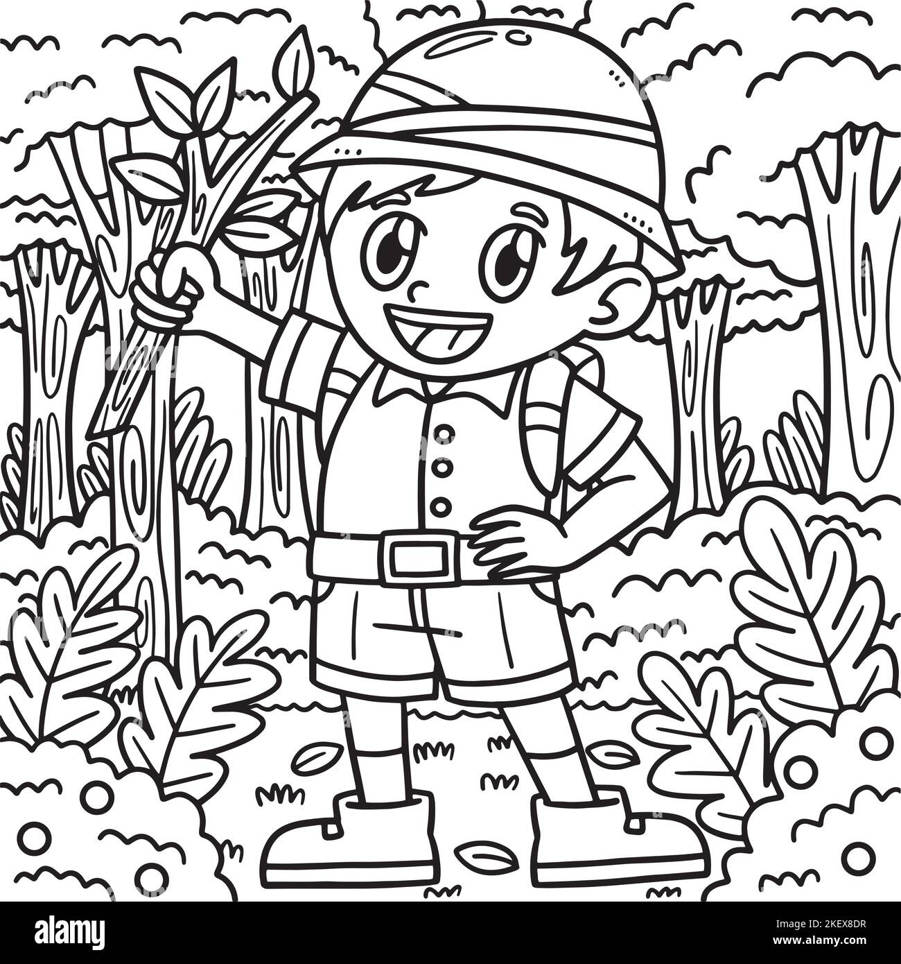 Earth Day Boy in Forest colorazione pagina per bambini Illustrazione Vettoriale