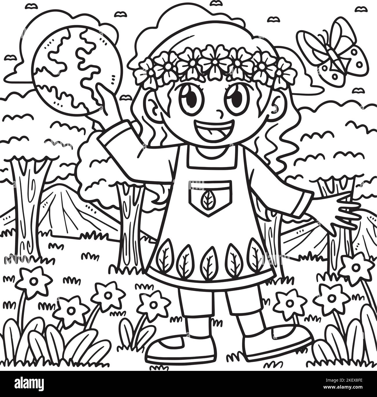 Earth Day Girl in Forest colorazione pagina per bambini Illustrazione Vettoriale