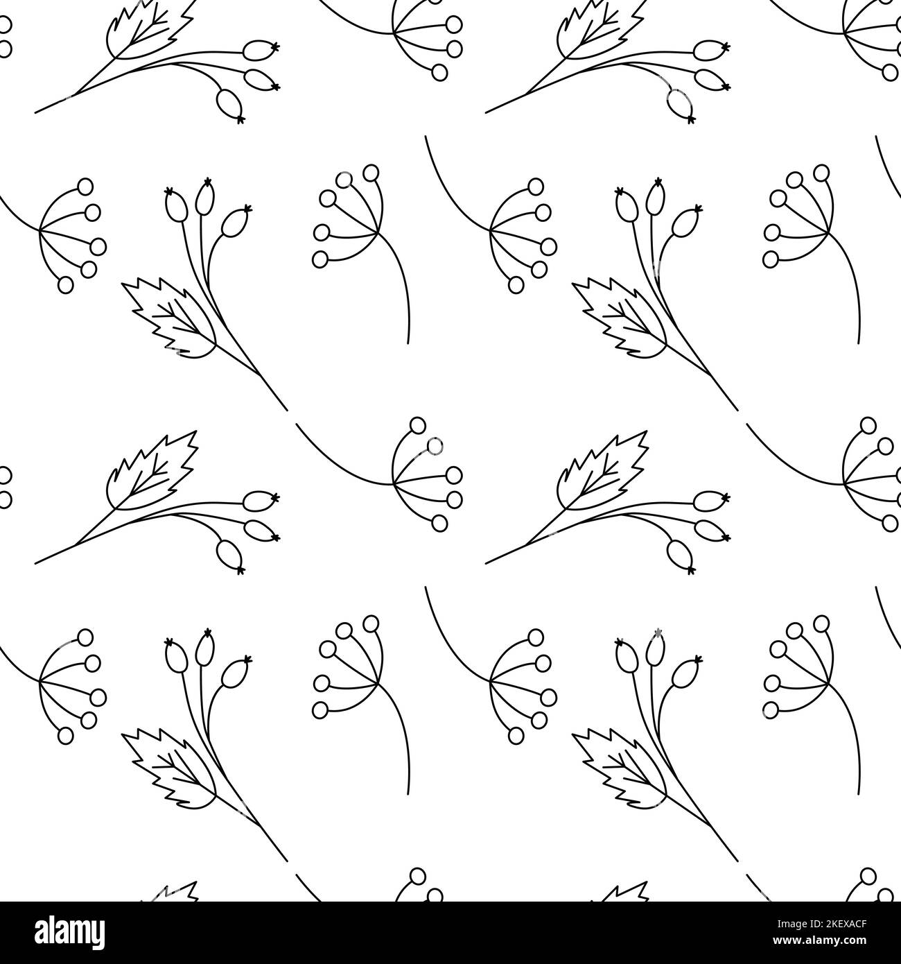 Modello infinito da contorno di erba e ramo di rosa canina. Colorazione. Texture di sfondo astratta. Isolare. Modello per banner, sfondo, Web, poster o biglietti, messaggio di saluto, invito, etichetta, prezzo. EPS vettoriale Illustrazione Vettoriale