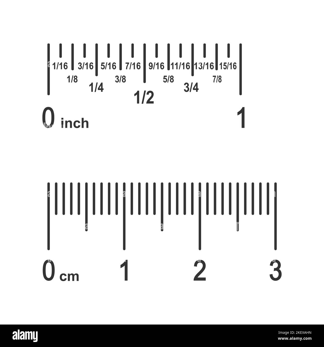 Parti della scala del righello. Pollice diviso in frazioni convertite in centimetri. Frammenti di strumenti di misura del sistema imperiale e metrico. Segmenti del modello del metro di controllo. Illustrazione grafica vettoriale Illustrazione Vettoriale