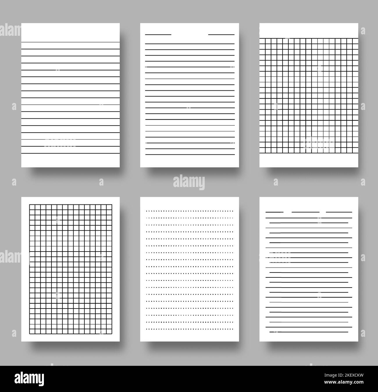 Notebook A4 set di fogli di carta con liner a celle quadrate a griglia vuota per il blocco note della scuola. Notepaper di appunti realistici per le cartelle di lavoro con modello shadow mockup isolato. Righe orizzontali astratte sfondo pagina a righe Illustrazione Vettoriale