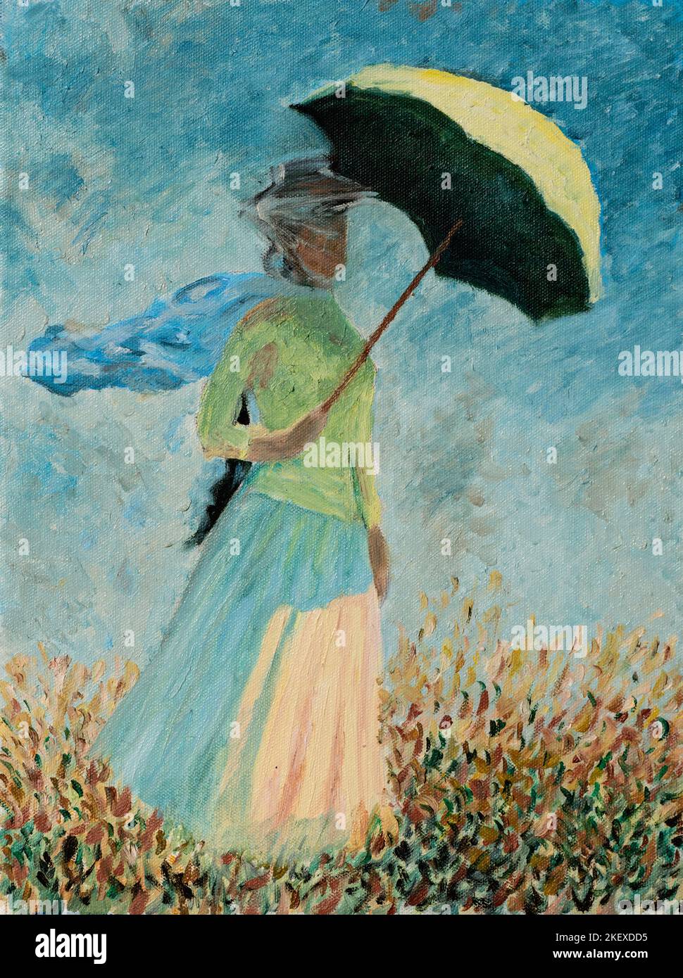 Pittura ad olio riproduzione di una donna con Un Parasol o Studio di Una figura all'aperto di fronte a destra famosa pittura ad olio di Claude Monet. Foto Stock