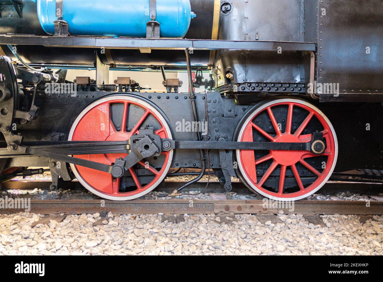 Ruote di una vecchia locomotiva a vapore Foto Stock