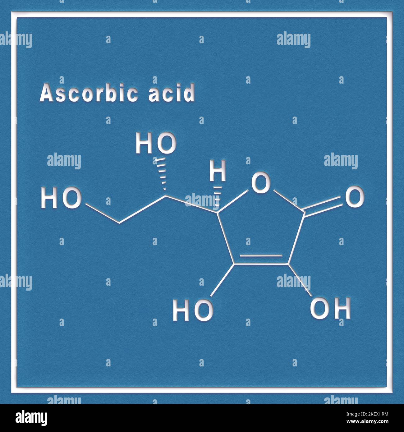 Acido ascorbico formula chimica strutturale su sfondo bianco Foto Stock