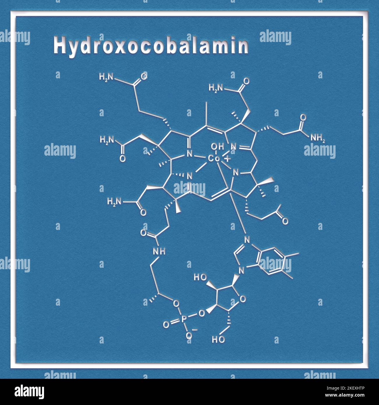 Idrossicobalamina vitamina B12, formula chimica strutturale su sfondo bianco Foto Stock