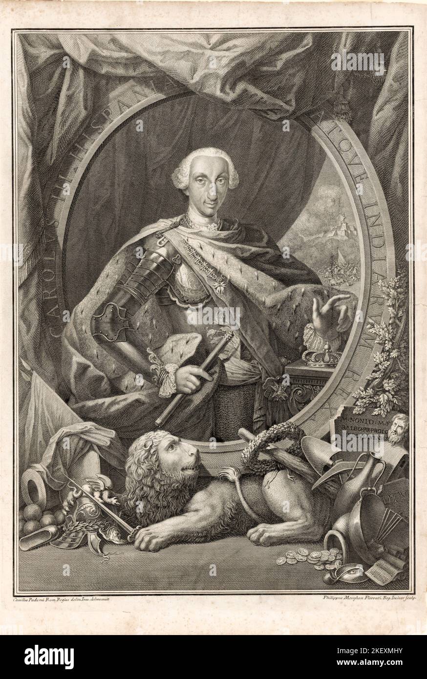 Incisione del re Carlo III di Spagna di Filippe Morghen ca. 1760 Foto Stock