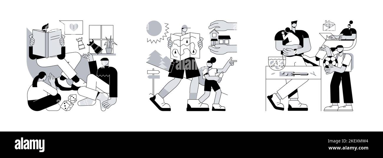 Set di illustrazioni vettoriali concettuali astratte per la paternità. Papà moderne, cura della paternità, papà a casa, famiglia felice del bambino, giorno dei padri, mamma del vincitore, congedo parentale, metafora astratta del lavoro domestico. Illustrazione Vettoriale