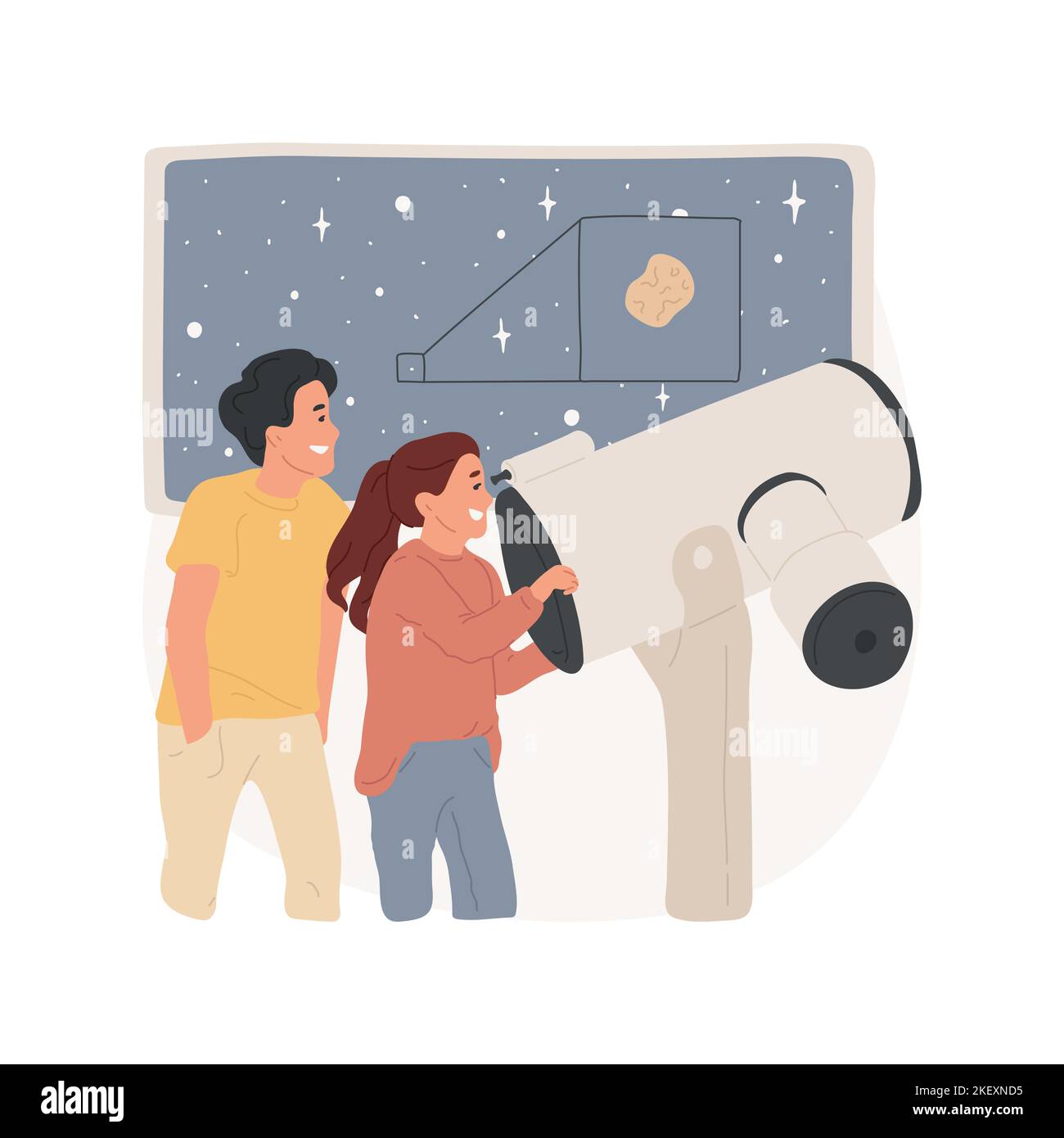 Planetarium viaggio isolato cartone animato illustrazione vettoriale. I bambini che guardano in un grande telescopio, osservano lo spazio esterno, imparano circa gli oggetti astronomici, il cartone vettoriale di viaggio di campo del planetario. Illustrazione Vettoriale