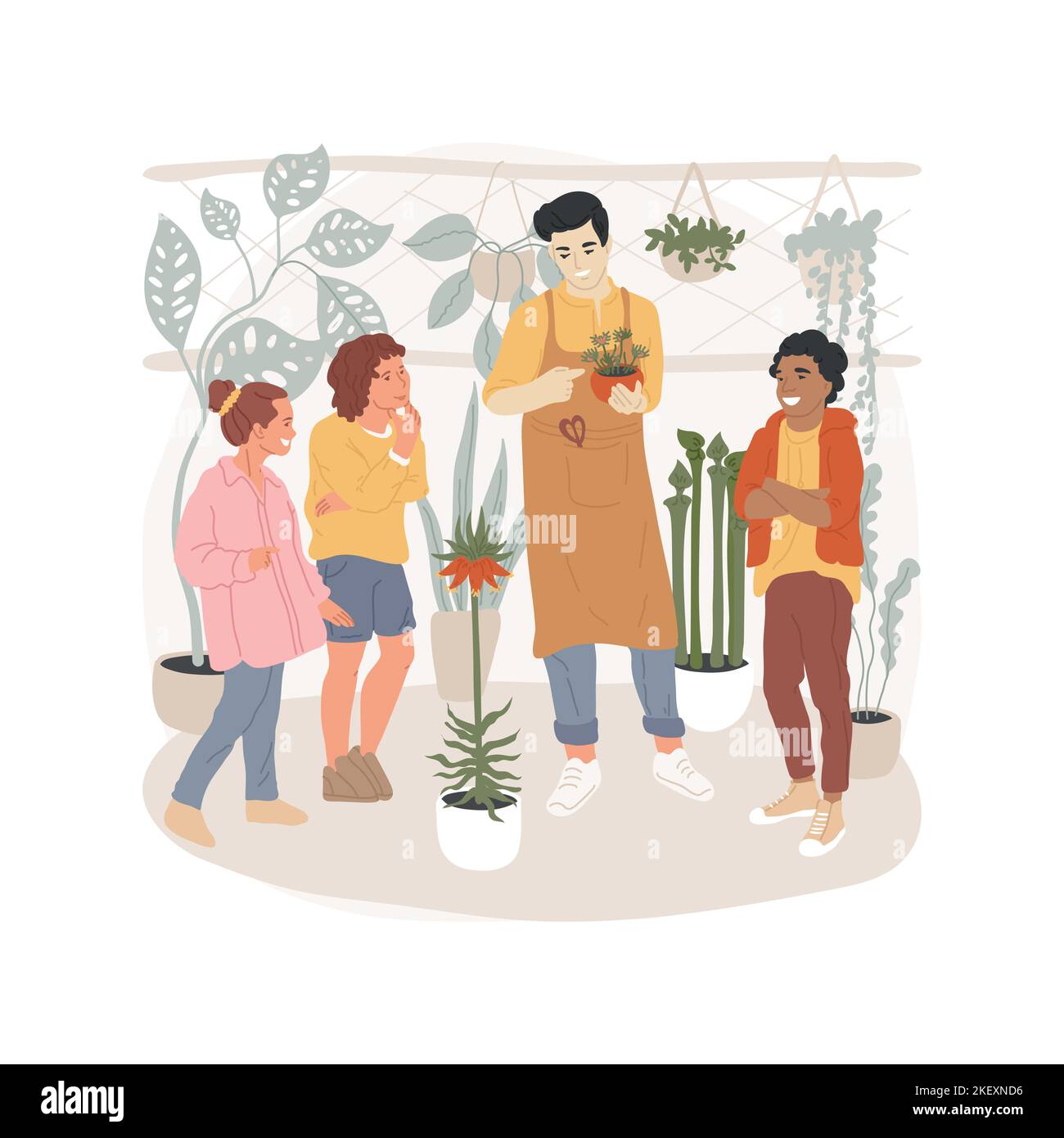 Giardino botanico viaggio isolato cartone animato illustrazione vettoriale. Escursione didattica interattiva, esplorare piante esotiche, giovane botanico, gruppo di studenti osservare la collezione di fiori vettoriale cartone animato. Illustrazione Vettoriale