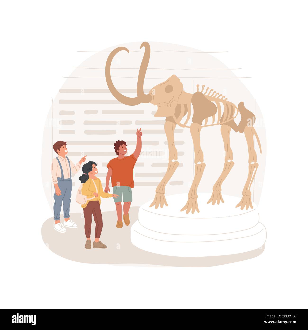 Museo di storia naturale viaggio isolato cartone animato illustrazione vettoriale. Gli studenti guardano il grande scheletro, la storia naturale, la collezione di animali selvatici, la classe museo gita sul campo, imparare fossili vettore cartoni animati. Illustrazione Vettoriale