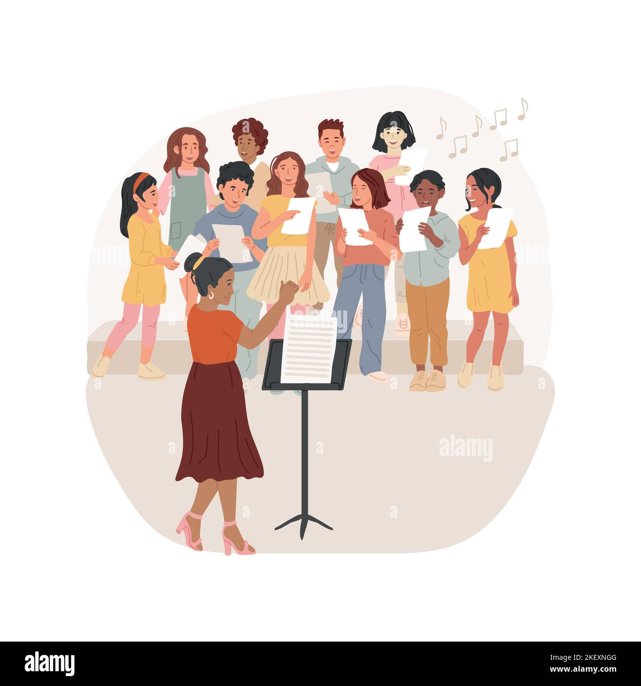 Chorus prova isolato illustrazione vettore cartoon. Prove musicali, performance del coro della scuola media, insegnamento della tecnica vocale, canto dei bambini sul palco, cartoni animati vettoriali per orchestra. Illustrazione Vettoriale