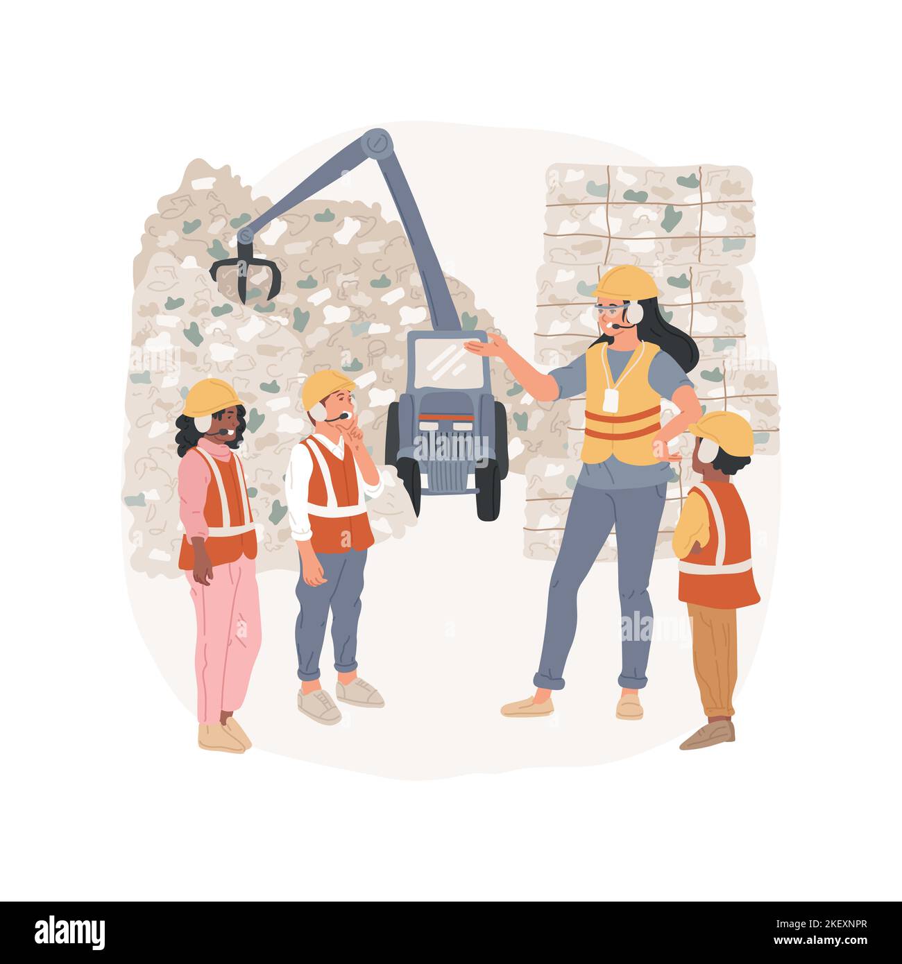 Illustrazione del vettore dei cartoni animati isolati di viaggio dell'impianto di riciclaggio. Gita in classe al centro di riciclaggio, imparare come funziona la discarica, attività ambientale, tour scolastico alla pianta, insegnare ecologia vettore cartoni animati. Illustrazione Vettoriale