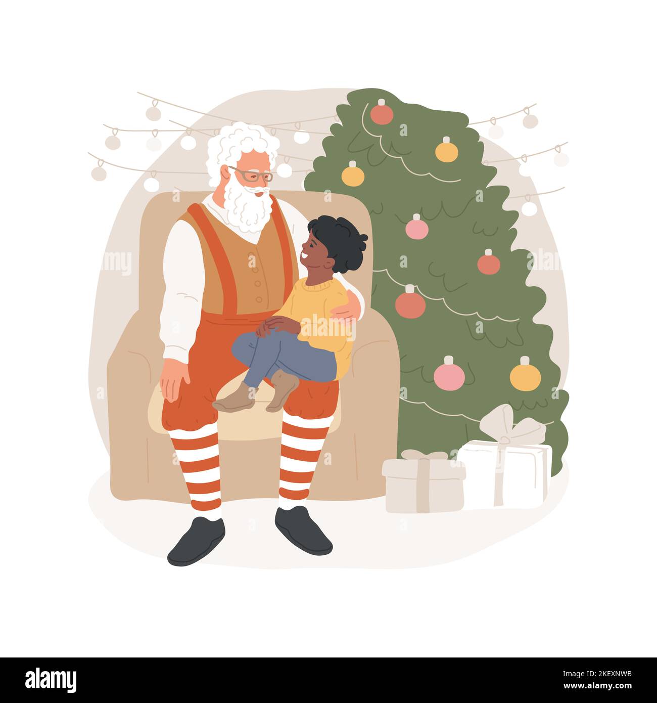 Creare un'illustrazione vettoriale del cartone animato isolata desiderata. Bambino seduto sul giro di Santas, fare un desiderio circa il presente, regali di Natale, attività del centro commerciale per i bambini, cartone animato di vettore di festa di inverno. Illustrazione Vettoriale