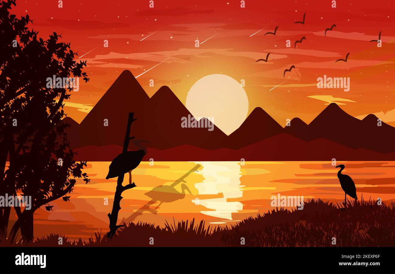 Lago montagne tramonto paesaggio illustrazione sfondo naturale selvaggio o tramonto paesaggio sfondo panorama. Illustrazione Vettoriale