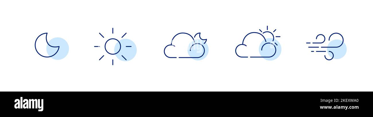 5 semplici icone delle previsioni meteo. Luna, sole, poco nuvoloso di notte e di giorno, vento. Pixel Perfect, linea di tratto modificabile Illustrazione Vettoriale