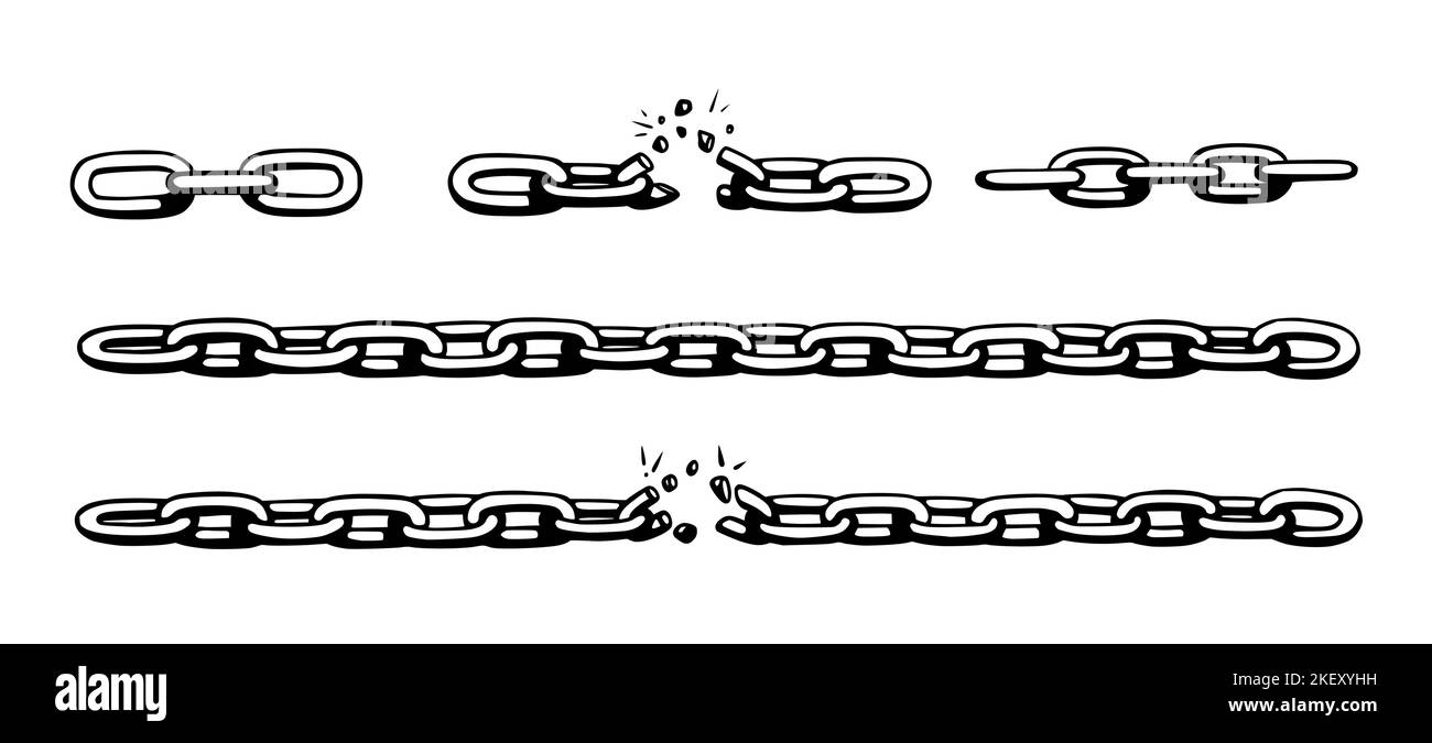 Catena spezzata con frantumazioni come simbolo di forza e libertà. Schizzo delle catene metalliche. Illustrazione vettoriale isolata su sfondo bianco Illustrazione Vettoriale