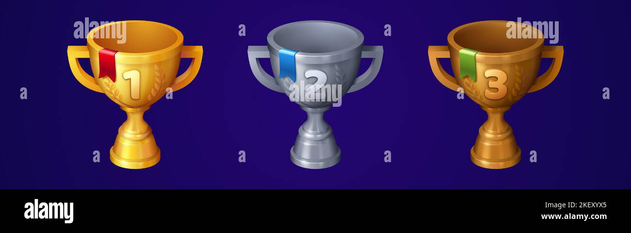 Coppe per il primo, secondo e terzo posto, le icone del gioco dei calici dei trofei vincitori. Bronzo, argento e oro premio metallo per la vittoria in concorso, casinò o successo sportivo, Cartoon 3D elementi vettoriali Illustrazione Vettoriale
