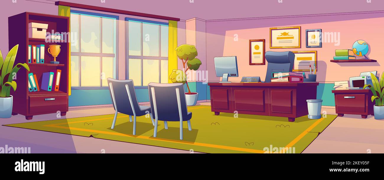 Design d'interni del principale ufficio della scuola. Illustrazione vettoriale contemporanea dello spazio di lavoro vuoto del headmaster con i mobili, i documenti di premio sulla parete, il calcolatore sulla scrivania, le cartelle sullo scaffale e le grandi finestre Illustrazione Vettoriale