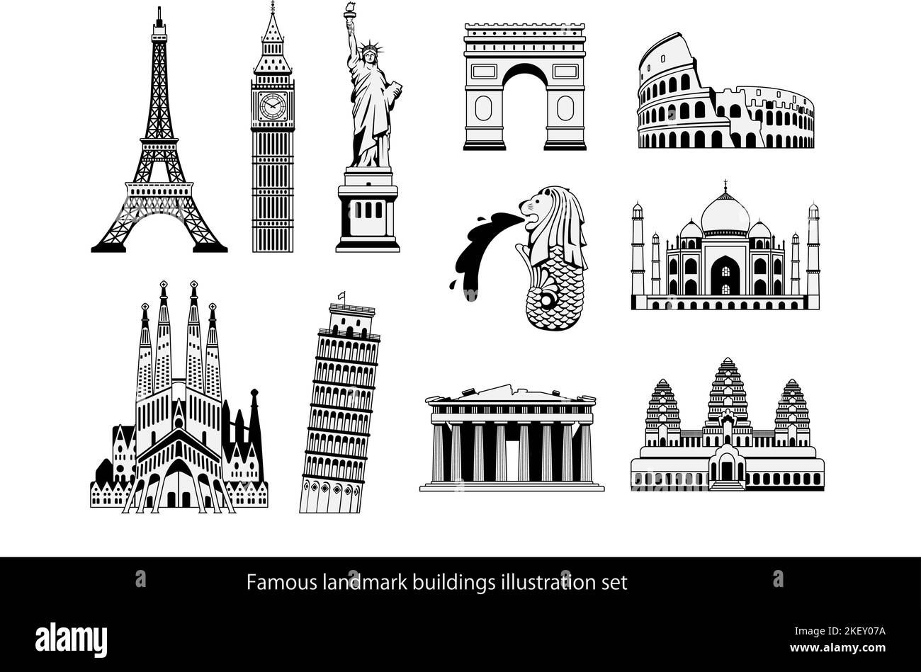 Edifici famosi in tutto il mondo set di illustrazioni vettoriali ( patrimonio mondiale ) | Statua della libertà, Torre Eiffel, Sagrada Familia etc Illustrazione Vettoriale
