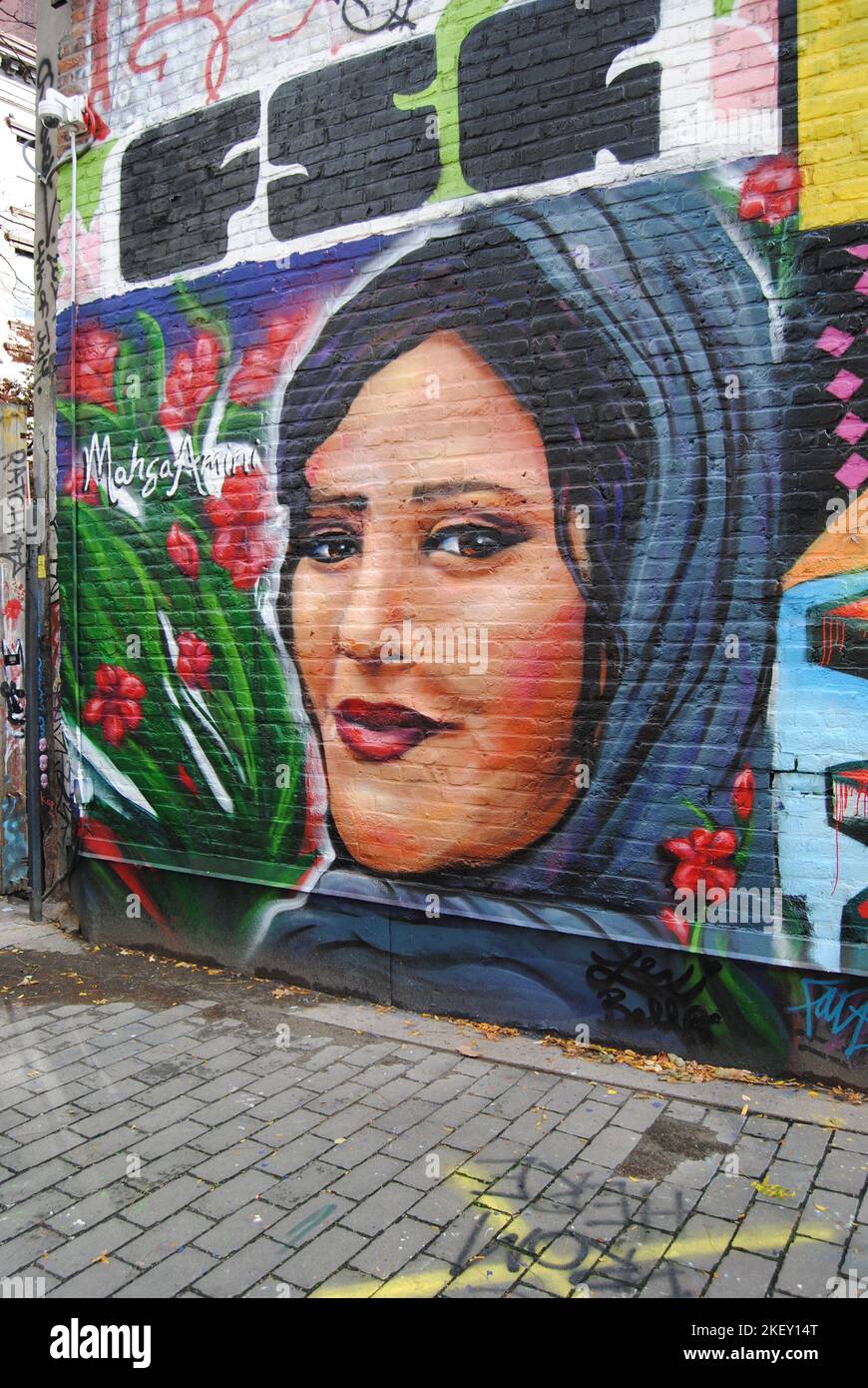 New York City, New York, USA - Nov 12 2022: Murale Mahsa Amini tributo dall'artista di strada Lexi Bella, First Street Green Cultural Park, Houston Street. Foto Stock