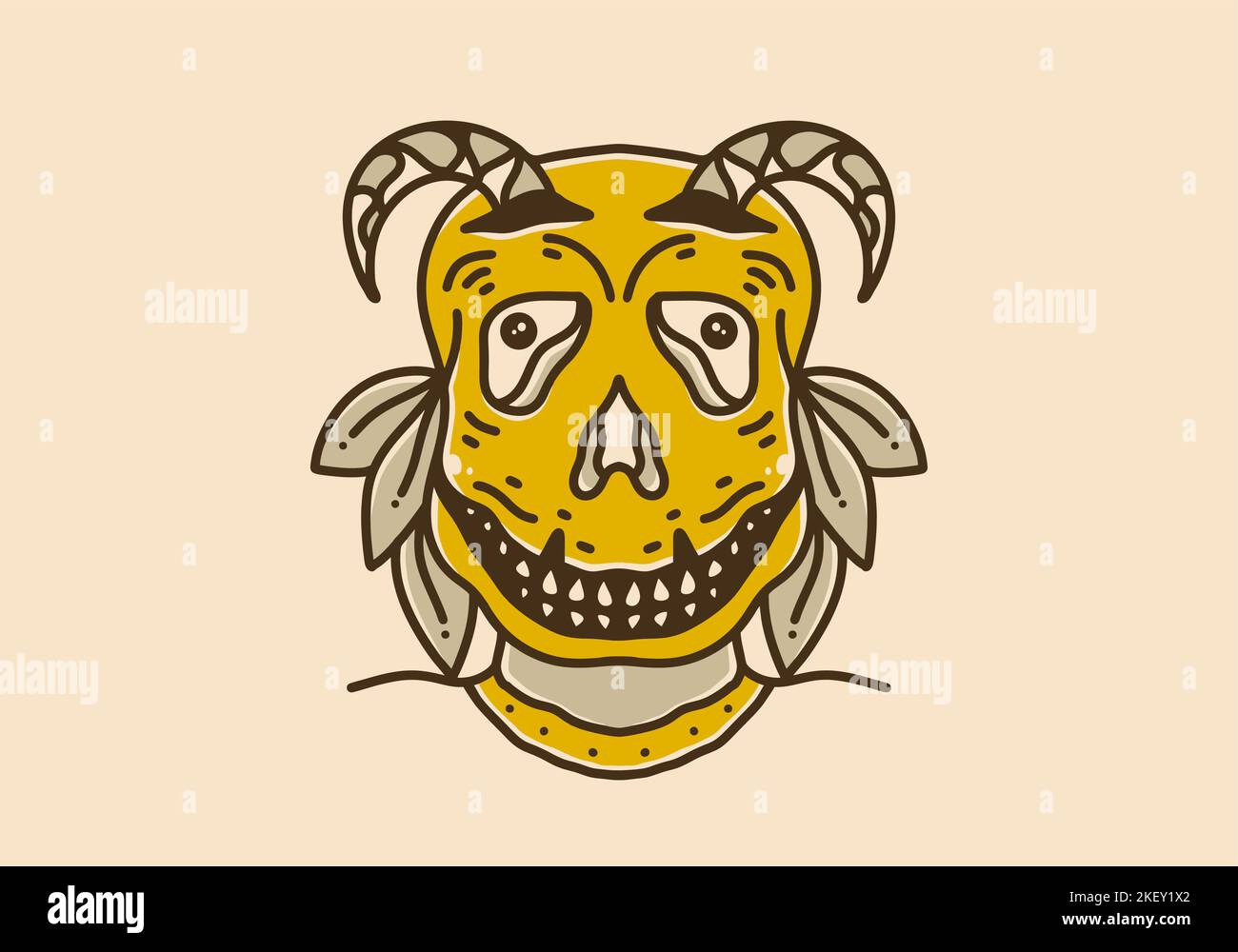 Illustrazione d'arte vintage gialla di un mostro con corno Illustrazione Vettoriale