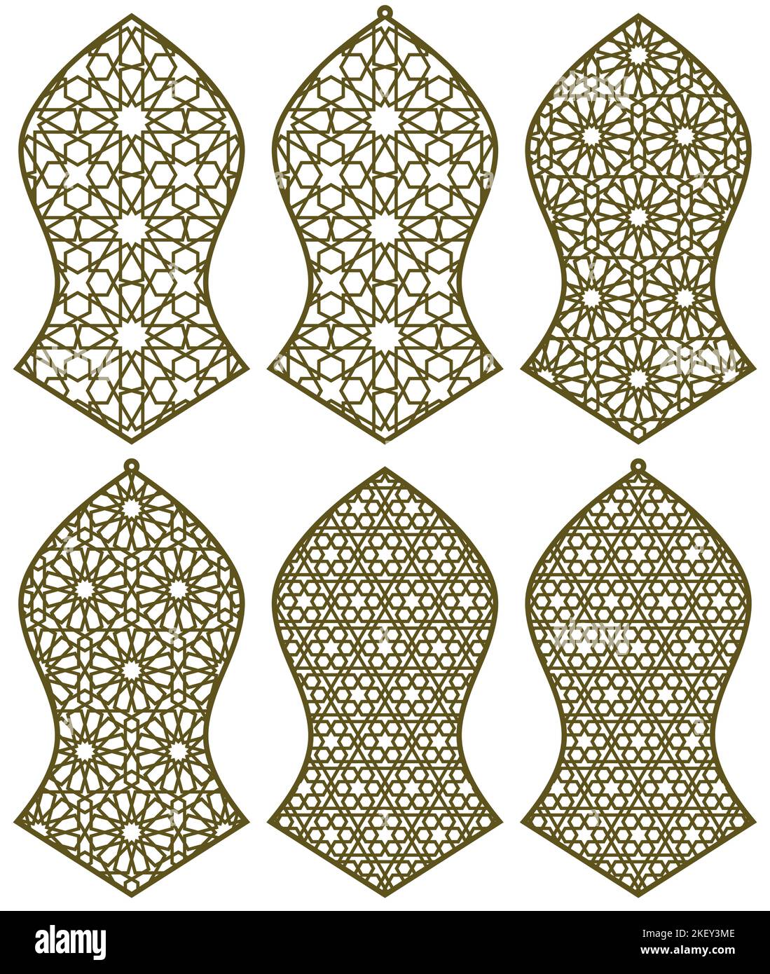Un set di sei elementi di design. Tre ornamenti geometrici in stile arabo Illustrazione Vettoriale