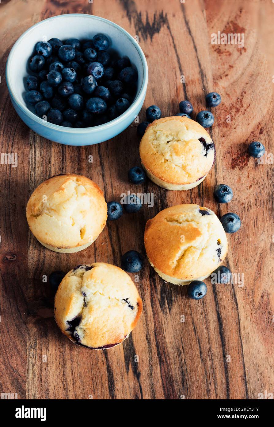 Muffin ai mirtilli sul tavolo in legno appena sfornati con mirtilli freschi Foto Stock