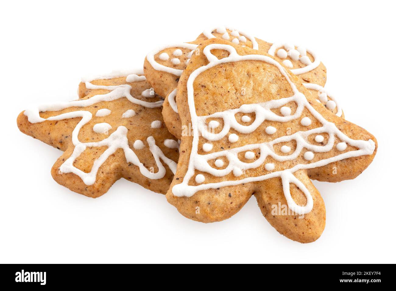 Biscotti di pan di zenzero decorati di Natale isolati su bianco. Foto Stock