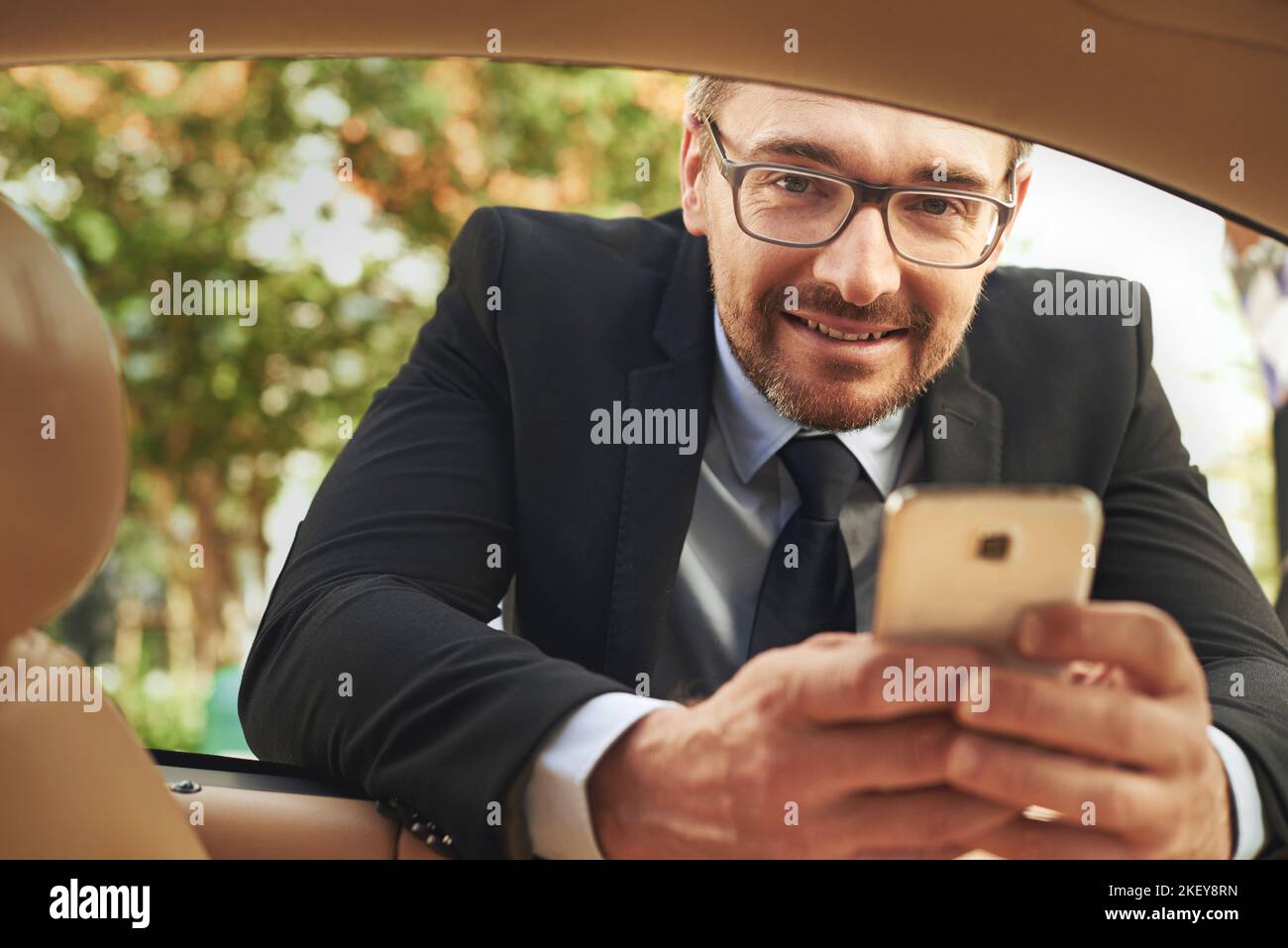 Controllo del mio programma. Ritratto di un bell'uomo d'affari che invia un testo mentre si appoggia al finestrino della sua auto. Foto Stock