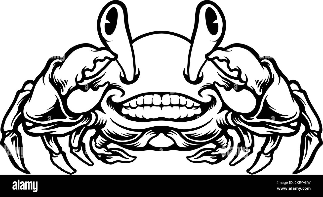 Smiling Crab Mascot Cartoon illustrazioni vettoriali monocromatiche per il tuo logo di lavoro, maglietta di merchandising, adesivi e disegni di etichette, poster Illustrazione Vettoriale