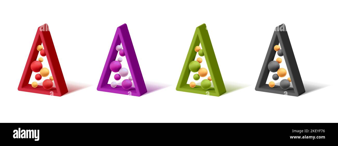 Set di alberi di Natale 3D rendere collezione di triangoli a forma di palline all'interno Illustrazione Vettoriale