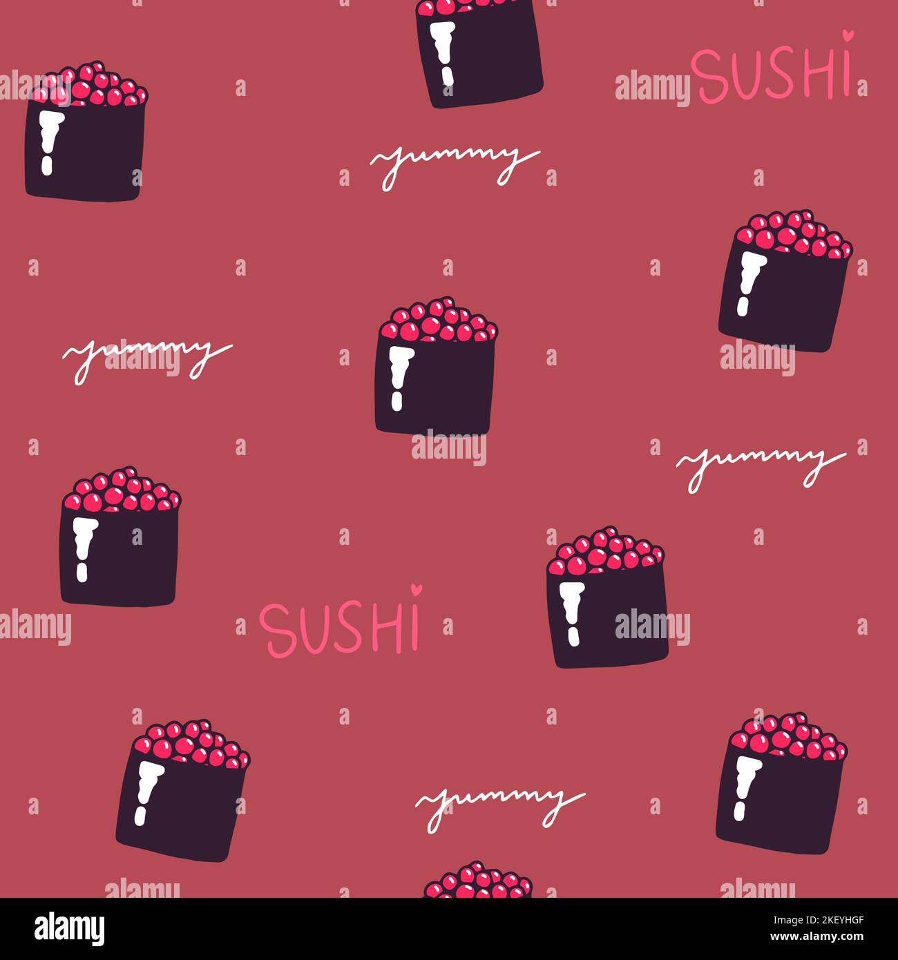 Icone isolate sushi con motivo senza giunture, illustrazione vettoriale. Carta di imballaggio per i pacchetti di consegna di cibo da ristorante giapponese. Tradizionale asiatico Illustrazione Vettoriale