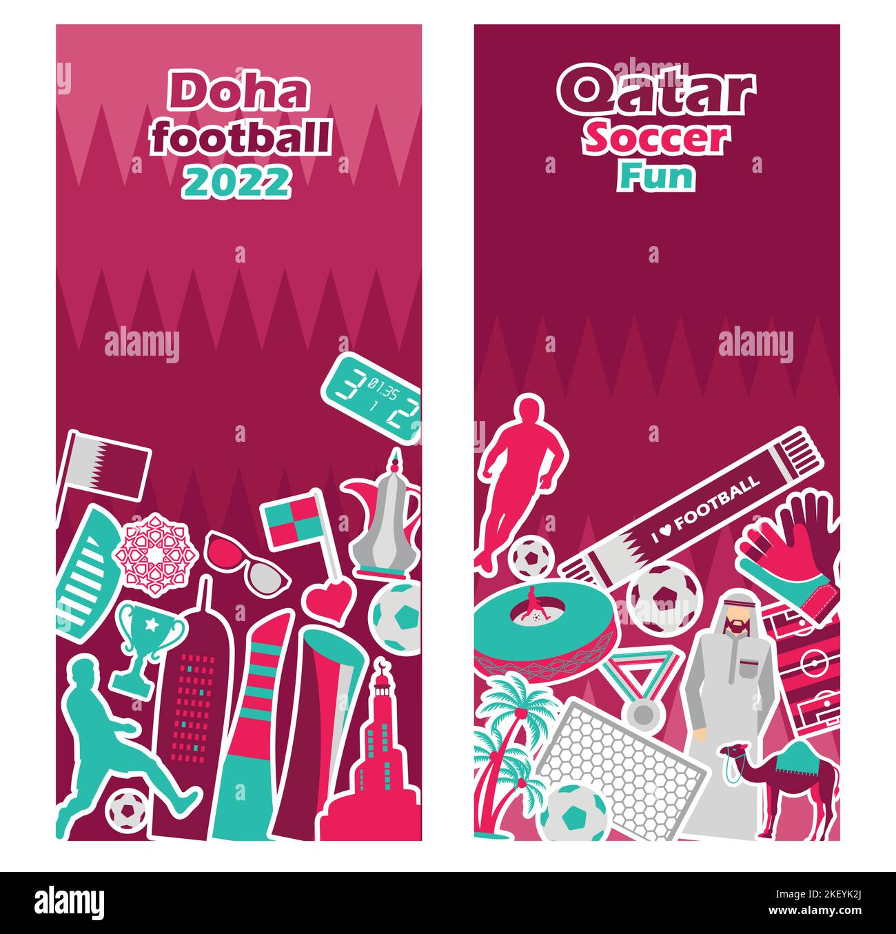 Concorso sportivo di calcio, icona turistica del Qatar su banner. Doha sfondo a colori bandiera nazionale. Giornata nazionale. Calcio mediorientale. Illustrazione Vettoriale