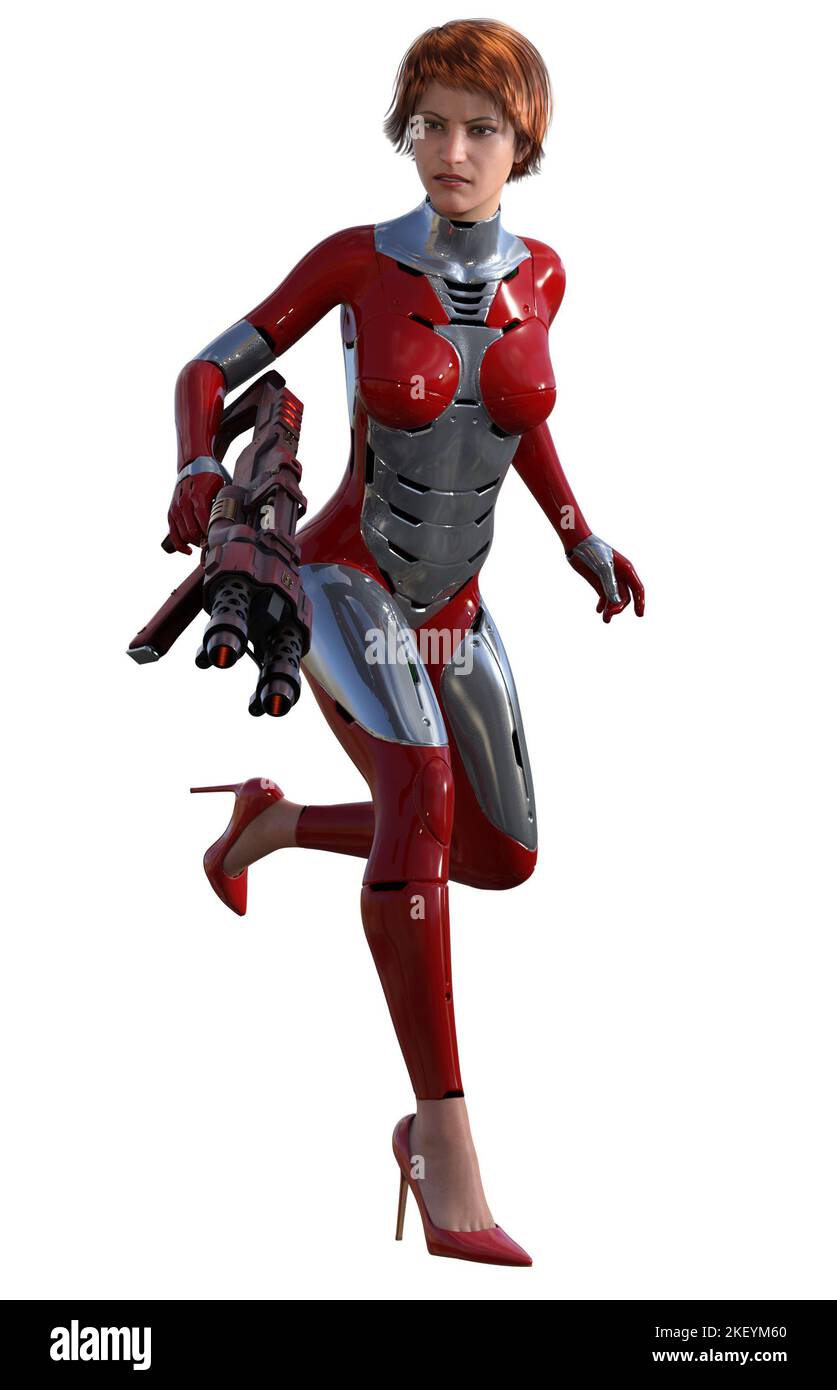 donna guerriera futuristica in tuta rossa, armata di pistole, rendering 3d Foto Stock