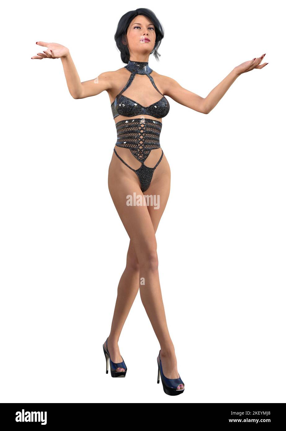 donna attraente in lingerie nera e scarpe con tacco alto, rendering 3d Foto Stock