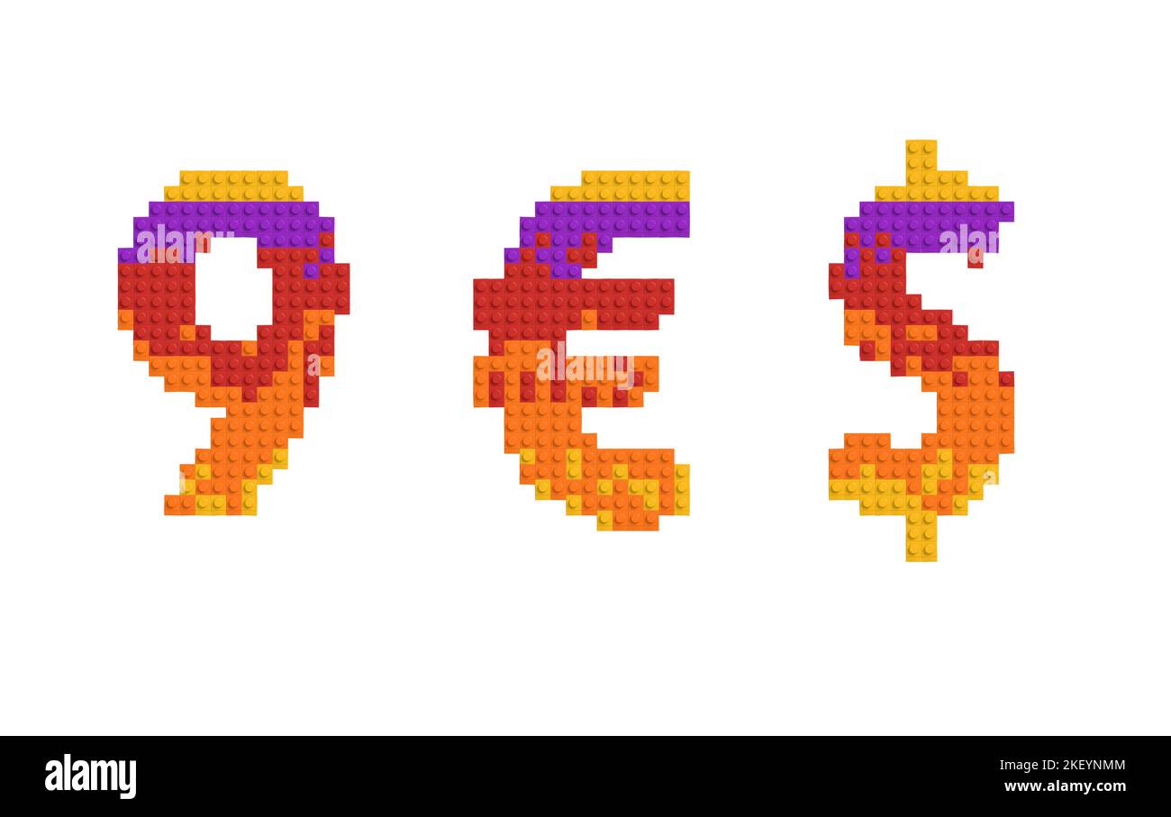 serie di lettere e numeri in mattoni multicolore. 3d alfabeto, nove simboli, euro e dollaro Foto Stock