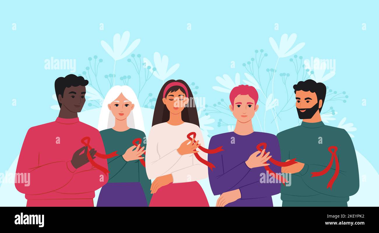 Giornata mondiale dell'AIDS. Un gruppo di persone di diverse nazionalità con nastri rossi, simbolo della lotta contro l'HIV. Illustrazione vettoriale Illustrazione Vettoriale