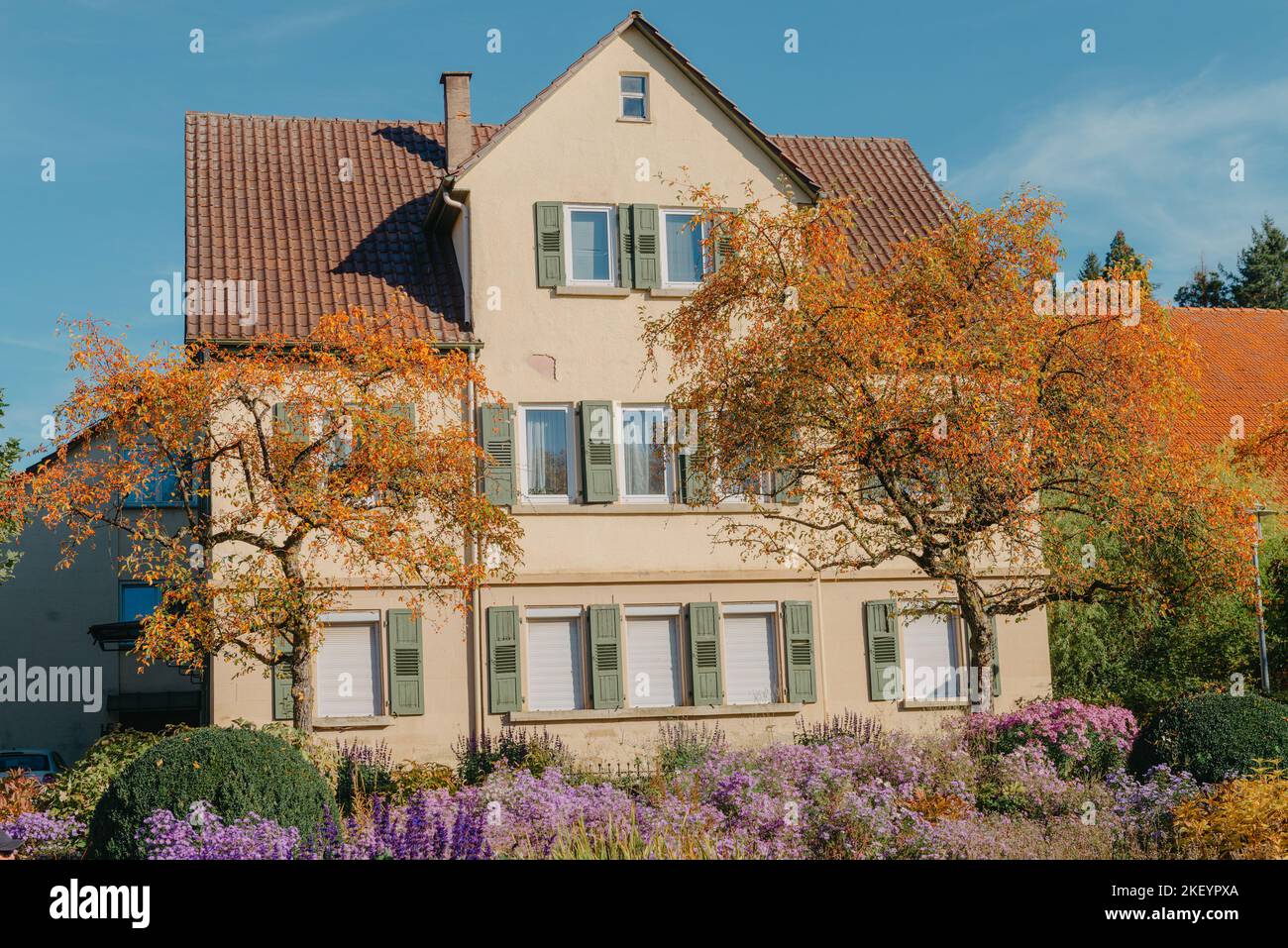 Casa con bel giardino in autunno. Fiori nel parco cittadino di Bietigheim-Bissingen, Baden-Wuerttemberg, Germania, Europa. Autunno Parco e casa, nessuno Foto Stock